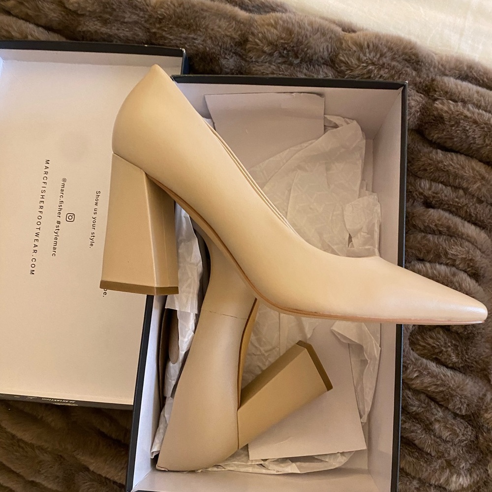 Marc Fisher Yalina Block Heel Pumps in Cream Beige